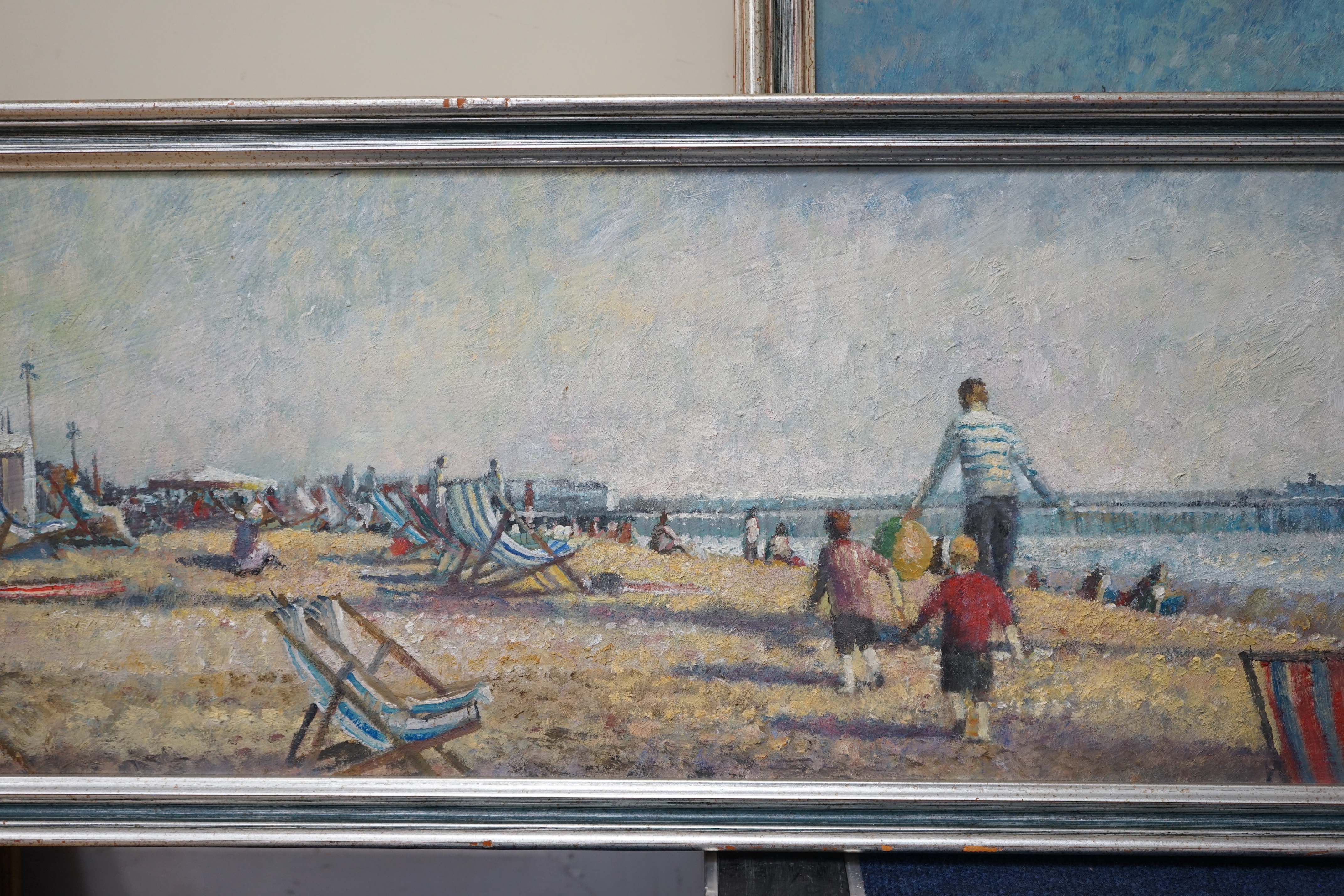 St John Child (b.1936), oil on board, Panoramic view of Brighton seafront, signed, 24 x 89cm